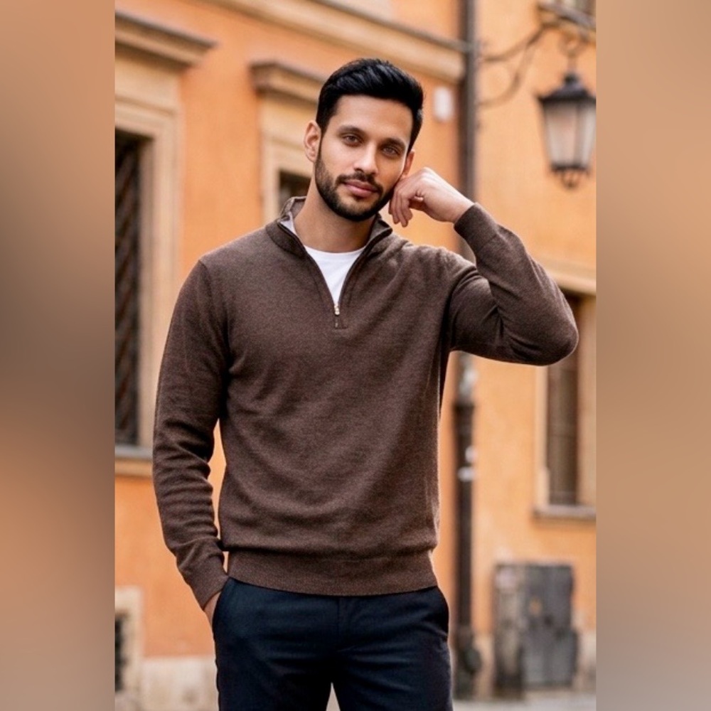Jack Stone by Thomas Dean Men's 100%Wool Chocolate 1/4 Zip-Up Sweater in M